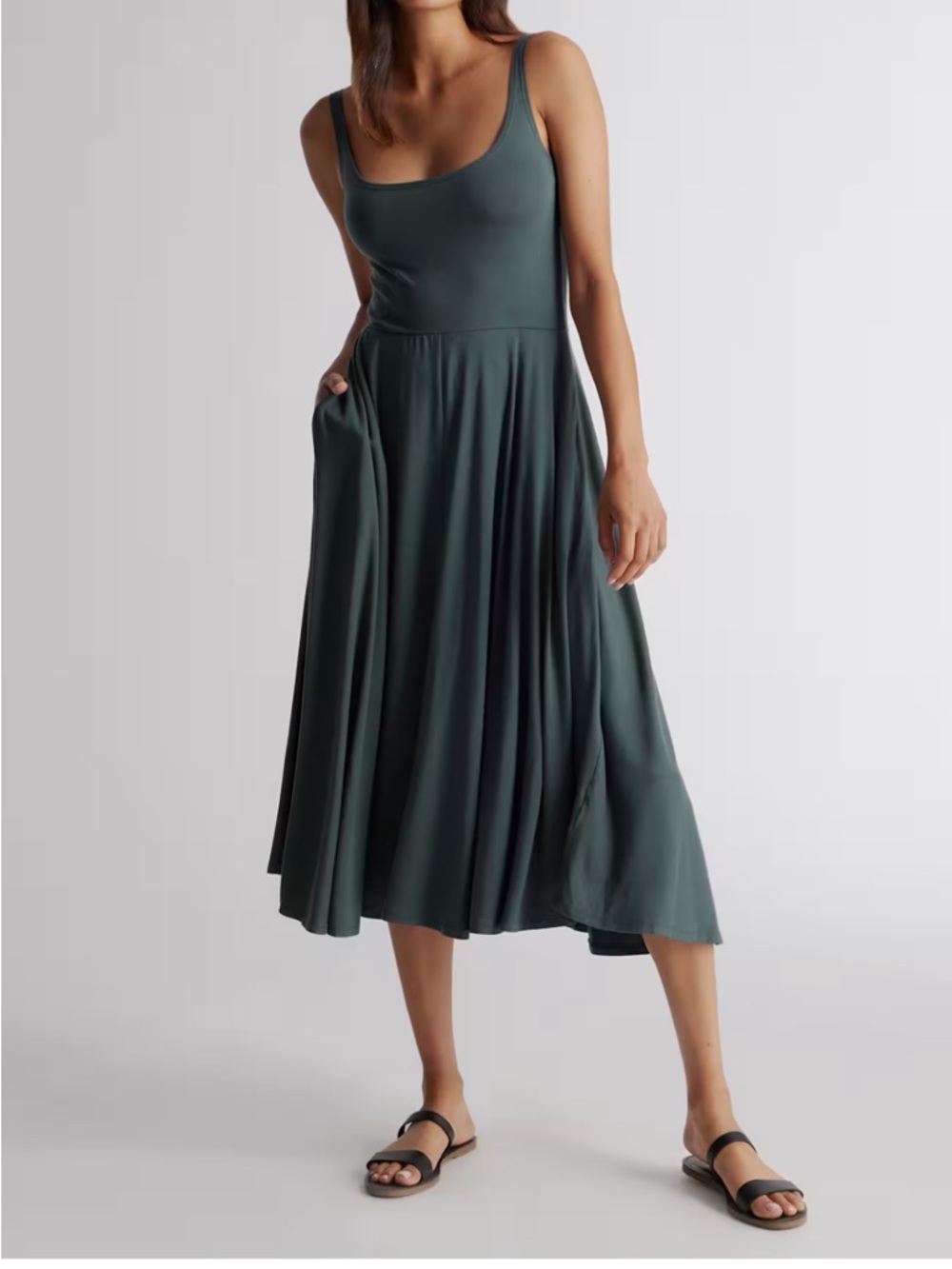 Quince dark olive fit & flare tencel jersey dress size M travel vacation midi